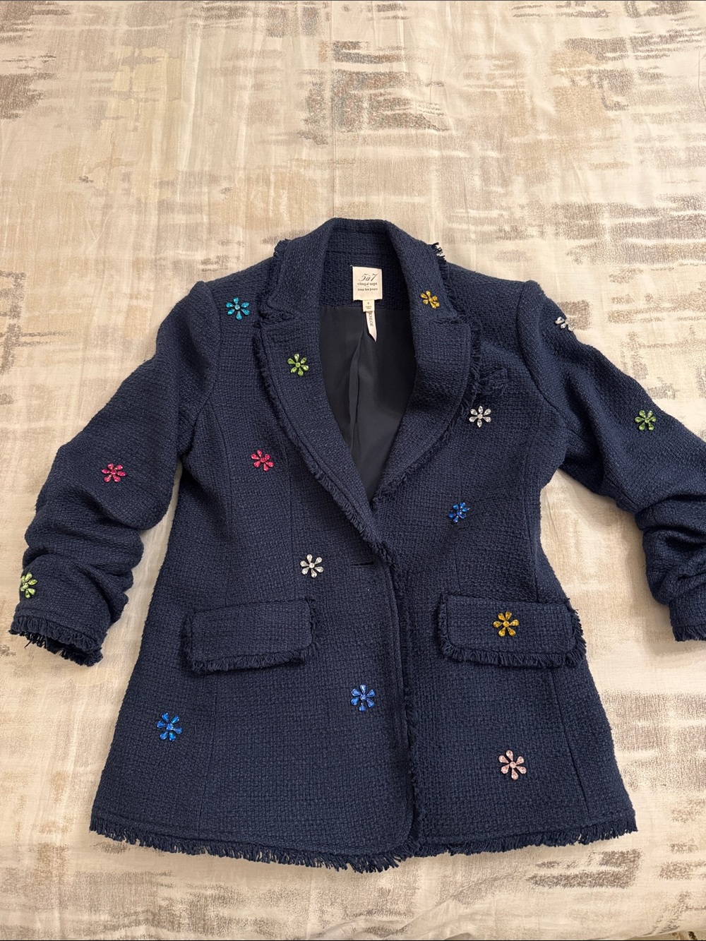 cinq a sept Navy Tweed Blazer with Multicolor Floral Embellishments